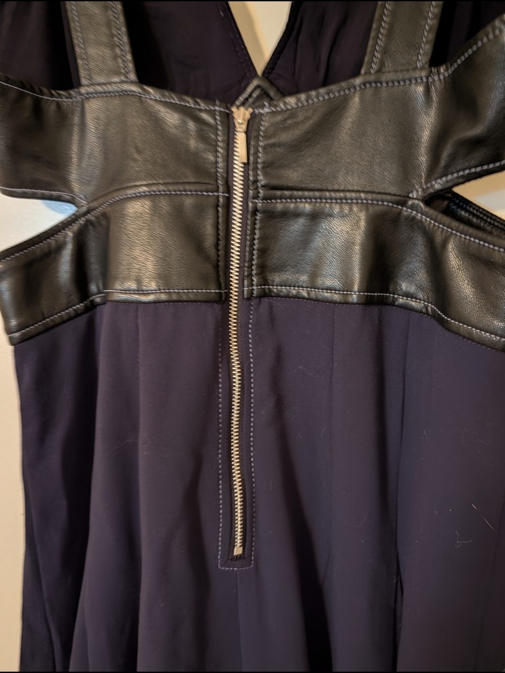 Vegan Leather/Mixed Media Cutout Midi Dress - Navy/Black- Anthropologie - Picture 9 of 13